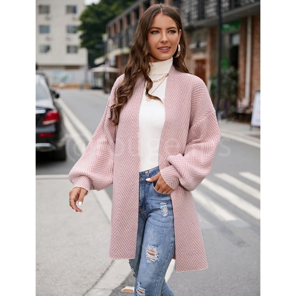 Knit Chevron Open Cardigan Bishop Sleeves Hip Length Pink & White
